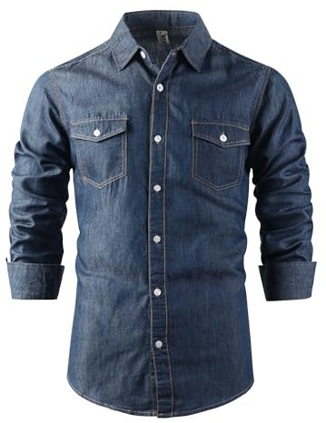 Tianerhay Mens Long Sleeve Denim Shirts Button Down Western Casual Flap Pocket Top 1 Dark Blue L