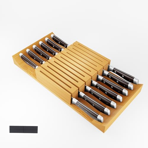 Hcrvvi Knife Rack, Knife Holder Without Knives, Knife Drawer Organiser, Bamboo Knife Storage, Fit for 13 Knives Knife Stand, and Standard Kitchen Drawers Kitchen, Knife Block Size 43.7 * 21 * 6 CM