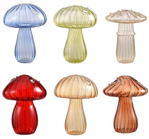 Lot de 6 Vases à Fleurs en Forme de Champignon Transparent, Jolis Vases à Bourgeons en Forme de Champignon pour Fleurs, Vase en Verre Transparent, Pot de Fleur, Jardinière en Verre, Vase(Coloré)