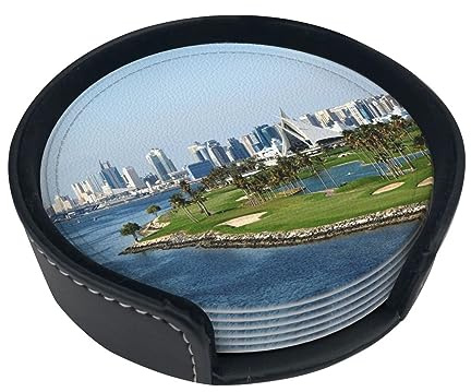 Golf Yacht Club Untersetzer, 6er-Set, rund, Leder, Getränkeuntersetzer mit Halter für verschiedene Tassen, Tische, Heimdekoration