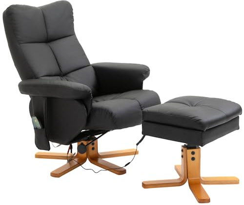 HOMCOM Massagesessel mit Hocker, Stauraum 360° drehbarer Elektrischer Relaxsessel mit Liegefunktion, TV-Sessel Fernsehsessel mit Seitentasche Fernbedienung für Wohnzimmer, Kunstleder, Schwarz