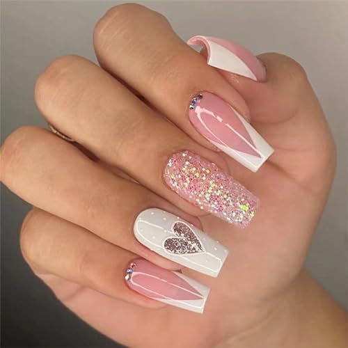 24pcs Medium Coffin False Nails French White Tip Stick on Nails Glitter Pink Ballerina Press on Nails Silver Heart Removable Glue-on Nails Full Cover Fake Nails Women Girls Nail Art Accessories