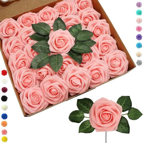 25 rose finte rosa tenere, fiori artificiali in schiuma realistica al tatto, con stelo, per decorazione di matrimoni, addio al nubilato, casa, baby shower, San Valentino