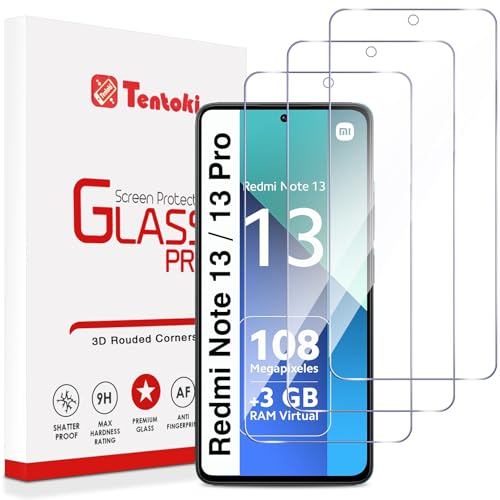 Tentoki Protector de Pantalla para Xiaomi Redmi Note 13/13 Pro 4G/5G, Cristal Templado, [3 Piezas], (Negro) Sin burbujas de aire, 0,33 mm, antiarañazos, Dureza 9H, Ultra transparente