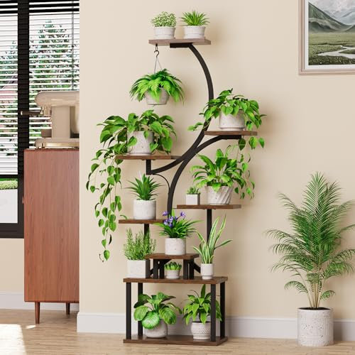 BACEKOLL 8 Ebenen Blumenständer 157cm - Metall-Holz Pflanzenregal - Innen & Außen Blumentreppe - Dekoratives Schwarz Blumenregal für Innen Garten Balkon (Ohne Licht)