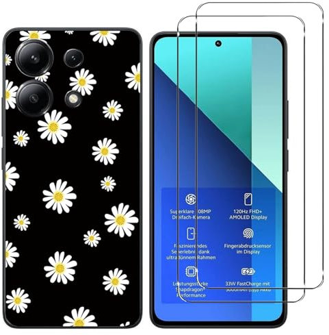 NOVAGO Compatible avec Xiaomi Redmi Note 13 4G -Pack Complet- Coque Résistante Transparente avec Motif Fantaisie imprimé + 2 Films Protection vitre écran Verre trempé (Petites Fleurs)