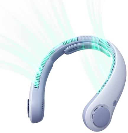 JISULIFE Ventilateur de cou portable amélioré, tour de cou personnel mains libres, réglage à 5 vitesses, 5000 mAh, portable, silencieux, rechargeable, cadeaux pour femmes et hommes- Bleu ensoleillé