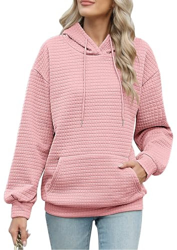 Vijamiy Sweat a Capuche Femme Casual Sweatshirt à Manches Longues Gaufre Polaire Hoodie Automne Hiver Loose Cordon de Tirage Sweat Pull Chaud a Capuche Femme avec Poches(Rose,XXL)
