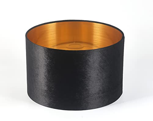 Lampenschirm, Trommel, Samt, modern, 35cm Schwarz, mit goldfarbenem Futter, für Tisch-, Boden- und Hängelampen, für Wohnzimmer und Schlafzimmer, E27, E14, 60 W Maxi.