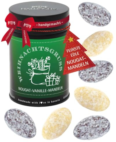 Hallingers Genuss Manufaktur Nougat-Mandeln Weihnachts-Geschenk - von Hand in der Manufaktur schokoliert ohne Alkohol in der Geschenkdose Weihnachtsgruß, Weihnachten für Frauen Männer