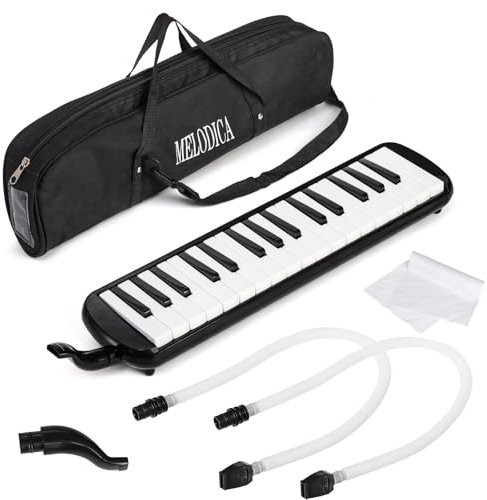 Tosnail Melodica mit 32 Tasten, mit Tragetasche, Doppelrohr-Mundstücken, Wischtuch, Luftklavier Keyboard, Musikinstrument für Kinder, Anfänger, Erwachsene - Schwarz