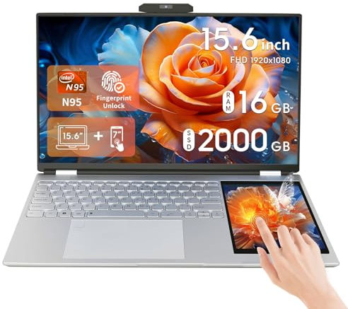 LONGEVINCE Dual Screen Laptop,15.6 Inch LCD Screen + 7 Small Touch Screen, Quad-Core Intel Celeron N95(up to 3.4GHz), 16GB DDR4,Color backlit KB, Win 11 Pro&Office 2019 (2000G SSD)