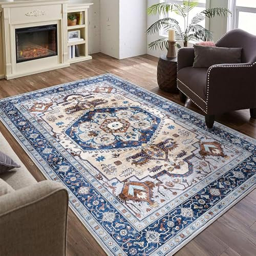 Guchuang Bedding Rugs Living Room 120x170cm Area Rugs Vintage Boho Large Non Slip Carpet Traditional Oriental Rugs Short Pile for Bedroom Dining Room Kitchen Soft Faux Wool Rugs