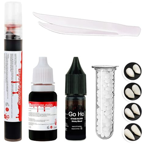 Go Ho Vampire Makeup Kit: 4 Pairs of Vampire Teeth (4 Sizes) + Fake Blood Spray + Stage Blood + Tweezer - Halloween SFX Cosplay