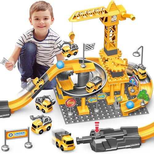 BAU-Spielzeug für 3 4 5 6 7 Jahre alte Jungen: Konstruktionsspielzeug Set Bauklotz Auto-Spielzeug für Kleinkinder - Kran-LKWs, Digger Spielzeugs Geschenke für 3 4 5 6 7 Jahre alt Jungen Mädchen