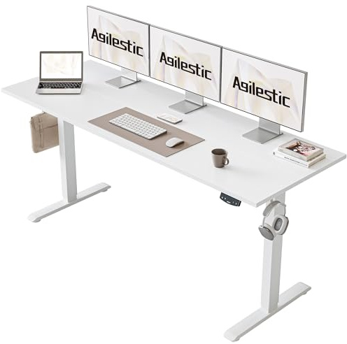 Agilestic Electric Standing Desk, 2 Memory Buttons, 160x60cm | Height Adjustable Desk for smart Pannel, 72-116cm, Sit Stand Desk with 2 Hooks, Home Office Desk, 2 pcs Desktops, White
