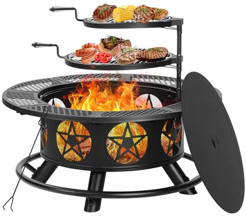 OutVue Hoguera de 36 pulgadas con 2 parrillas, hogueras de leña para exteriores con tapa y póquer, barbacoa y chimenea al aire libre y mesa redonda de metal 3 en 1 para patio, picnic, fiesta