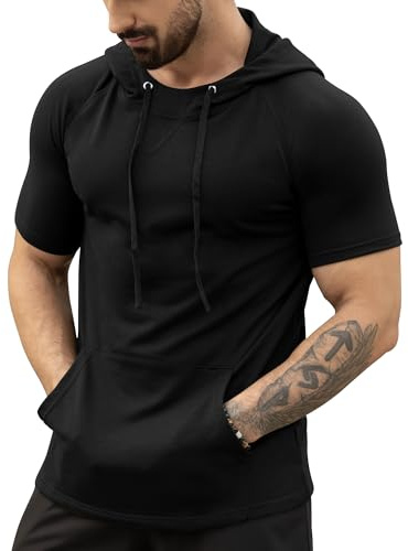 AIYINO Men's Short Sleeve Hoodie Workout Gym Sweatshirt Muscle Fit Fashion Athletic Hoodies Pullover Hooded T-Shirts XL Black