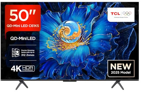 TCL 50C61KS QLED Mini LED Fernseher, 50 Zoll, 4K HDR Premium, Dolby Vision & Atmos, Onkyo 2.0 Sound, Smart TV mit Google TV, Game Master, HDMI 2.1, AirPlay 2, Google Assistant & Alexa