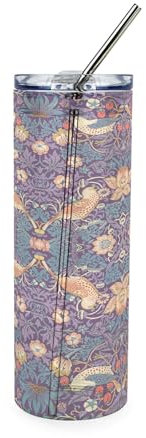 Purely Home Purple Strawberry Thief Glass Travel Flask - William Morris Artwork Gifts - Reusable Hot/Cold Drinks Cup with Metal Straw (750ml)