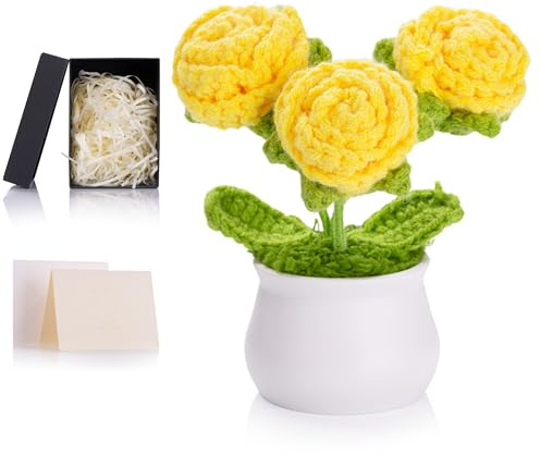 MAIBAOTA Handmade Yellow Roses Crochet Flowers Knitted Flower Bouquet | Forever Rose Potted Plants Cute Small Birthday Gifts for Women Girls Mum Nanny Desk Decorations Accessories