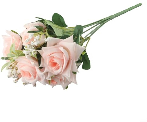 Pumixiy Bouquet di 7 rose artificiali in tessuto di seta, fiori finti realistici per la decorazione della casa di nozze, include 5 fiori grandi e 2 piccoli con verde (rosa chiaro)