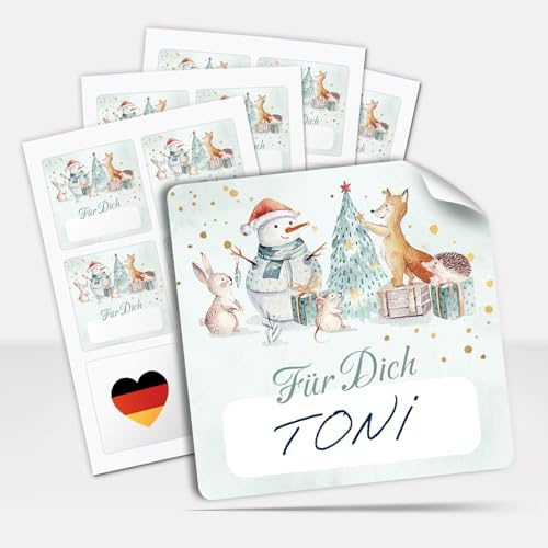 Premium Geschenkaufkleber Weihnachten zum Beschriften (48 Aufkleber) | Weihnachtsetiketten Quadratisch 5,5 cm - Niedliche Tiere Für Dich - weihnachtliche Deko Sticker Geschenke Pakete Briefe