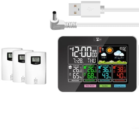 Puupaa Wetterstation Funk mit 3 Indoor Outdoor Temperatur- und Feuchtigkeitssensoren, Vorhersageanzeige, Wecker und USB-Kabel für Haus- oder Gartenüberwachung
