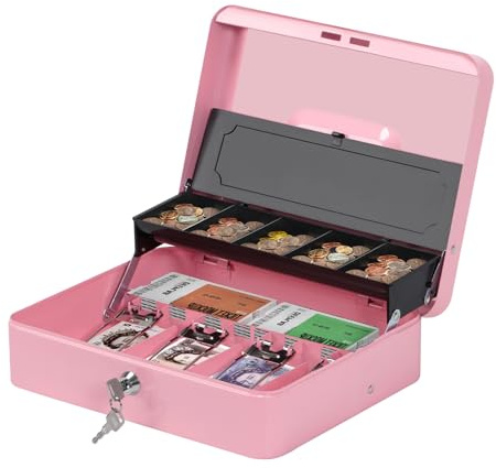 Doppelschichtige Metall-Geldkassette mit Schlüsselschloss, 30 x 24 x 9 cm, tragbares Münz- & Geldsafe, große Geldbox mit 2 Schlüsseln für Haushalt, Büro und Gewerbe