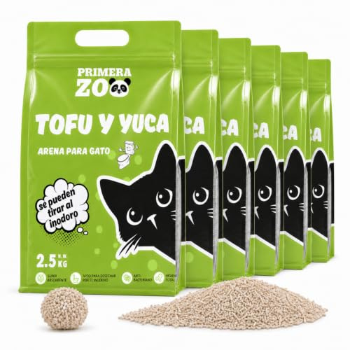 Primerazoo Arena para Gato de Tofu y Yuca, Menos Polvo, Biodegradable, Super Absorbente, Apto para Inodoro, 2.5 kg/Bolsa (6 Bolsas- 15KG/36L)