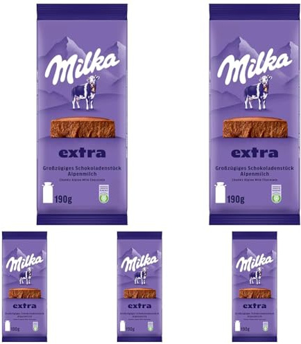 Milka Extra Alpenmilch – Großzügiges Schokoladenstück aus Alpenmilch Schokolade – 190 g (Packung mit 5)