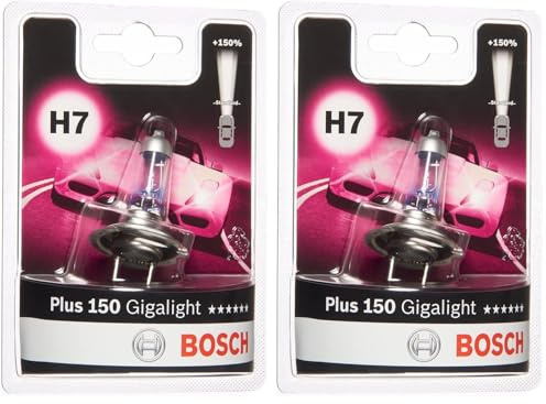 Bosch H7 Plus 150 Gigalight Halogen-Glühlampe für Auto-Scheinwerfer, 12 V 55 W, 150% mehr Licht - Lampensockel Typ PX26d - 1 Ersatz-Scheinwerferlampe (Packung mit 2)
