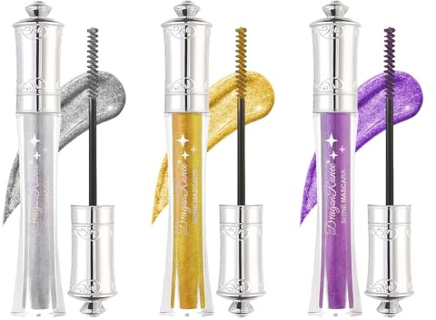 3-Farbige Glitzer Mascara für Wimpern (Gold, Silber und Lila), Glänzende Diamond Wimperntusche, Bunt Mascara mit Glitzer, Wasserfest und Langanhaltend, für Partys, Festivals und Hochzeiten