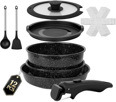 Colourcoco 12-teiliges Topfset Induktions - Antihaftbeschichtetes Kochgeschirr mit Abnehmbarem Griff, Ofenfest & für alle Herdarten Geeignet – Ideal für Zuhause, Camping und Picknick (Schwarz)