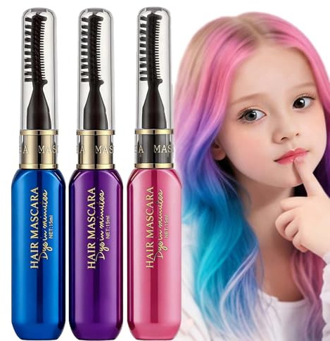 Kids Hair Chalk Set - 3Pcs Temporary Hair Color Spray, Mascara & Hairspray Bundle - Washable Dye in Blue, Purple, Pink - Fun, Non-Toxic for Parties & Play