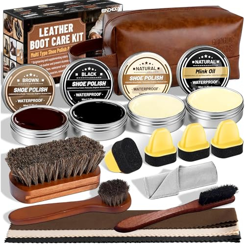 Endhokn Shoe Care Kit 18PC, Leather Boot Care & Polish Kit Mink Oil, Neutral/Black/Brown Shoe Polish, Horsehair Brushes, Polishing Cloth Leather Care Products Boot Shine Set Gift for Men & Women