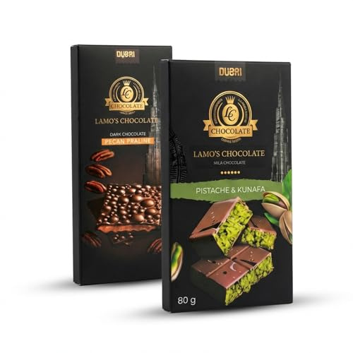 LAMO’S - Chocolat Dubai Pistache & Kunafa - Chocolat Noir et Noix de Pécan - Lot de 2 tablettes Pistache et Noix de Pécan - 80 g