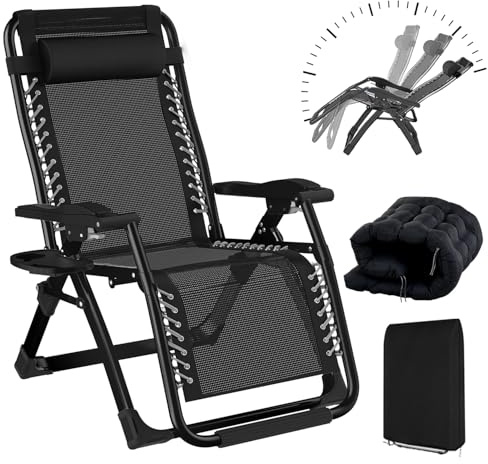 Chaise Longue Pliante Jardin 77cm - Transat Pliable Exterieur Plage Charge 240kg, Fauteuil Relax Jardin avec Coussin, Gobelet et Housse, Bain de Soleil Inclinable pour Terrasse, Piscine ou Patio