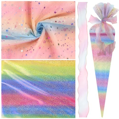 KBIBCK Nähset für Schultüten, Dekoration Stoffe Schultüte Stoff, 150cmx100cm Schultüten Nähset Inklusive Tüllstoff Glitzer und Organza Bänder, Schultüte Rohling zum Basteln