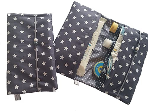 Wickeltasche Windeltasche Sterne - Handmade by die-kreative-fee (dunkelgrau - innen Pünktchen)