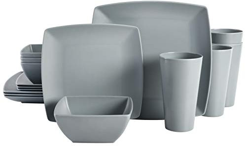 Gibson Home Soho Grayson Geschirr-Set, quadratisch, Melamin, Kunststoff, Service für vier Personen (16-teilig), Grau