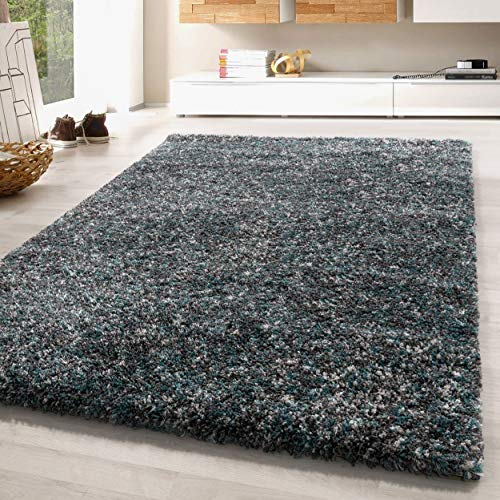 SIMPEX Teppich Wohnzimmer 80 x 150 cm Läufer Flur Hochflor Blau Moderne Einfarbig Meliert Design - Schlafzimmer Pflegeleicht Extra Weich Flauschig - Carpet Living Room Deko