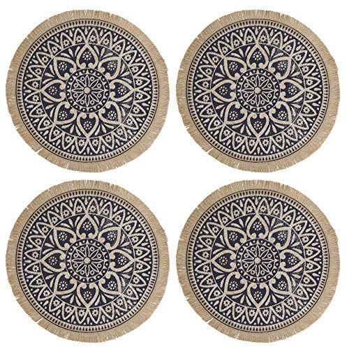 Creative Tops Set of 4 Jute Placemats with Mandala Design, Natural Printed Hessian Round Table Mats, Blue, 41cm