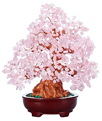 Jovivi Feng Shui Natürlicher Rosenquarz Kristall Geldbaum Harz Basis Heilsteine Bonsai Stil Baum Große Dekoration für Reichtum und Glück 9,5 Zoll