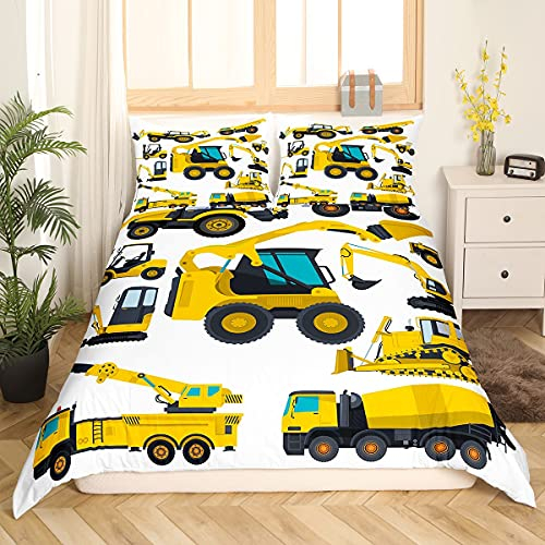 Homewish Cartoon Bagger Bettbezug-Set 135x200, Traktor Machinery LKW Bettwäsche-Sets, Baufahrzeug-Bettbezug für Kinder Boyd Mädchen Kinder, Bulldozer Crane Cartoon-Tagesdeckenbezug Leichte Bettwäsche