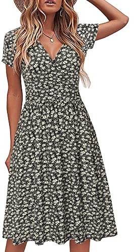 STYLEWORD Women's Summer Dress Short Sleeve V-Neck Sundress Floral Wrap Waist Casual Dress with Pockets (floral20,Medium)