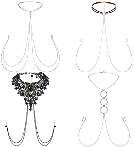 Bonuci 4 Pcs Faux Nipple Rings with Choker Necklaces, Non Piercing, Adjustable Chain, Silicone, No Gemstone