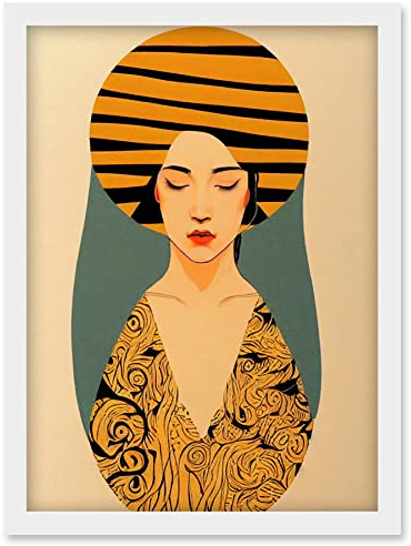 Wee Blue Coo Retro Woman Mid Century Bohemian Yellow Art Nouveau Artwork Framed Wall Art Print A4