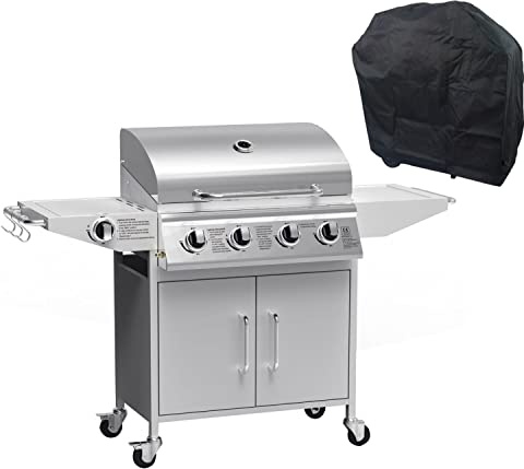 Boss Grill Georgia Classic - 4 Burner Gas BBQ with Side Burner and Cover Silver