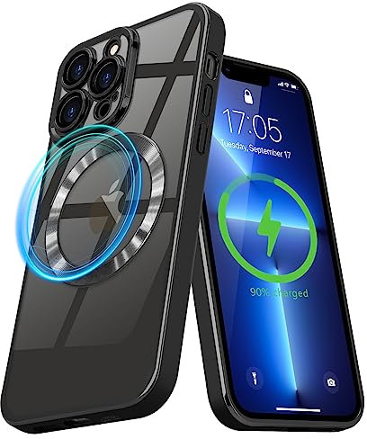 Pepmune Magnetic Case for iPhone 13 Pro Compatible with MagSafe Wireless Charging and Camera Lens Protector,Clear Plating Bumper Shockproof TPU Full Protective,Black
